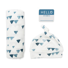 Load image into Gallery viewer, Hello World Blanket & Knotted Hat - Navy Triangles