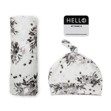 Load image into Gallery viewer, Hello World Blanket &amp; Knotted Hat - Black Floral
