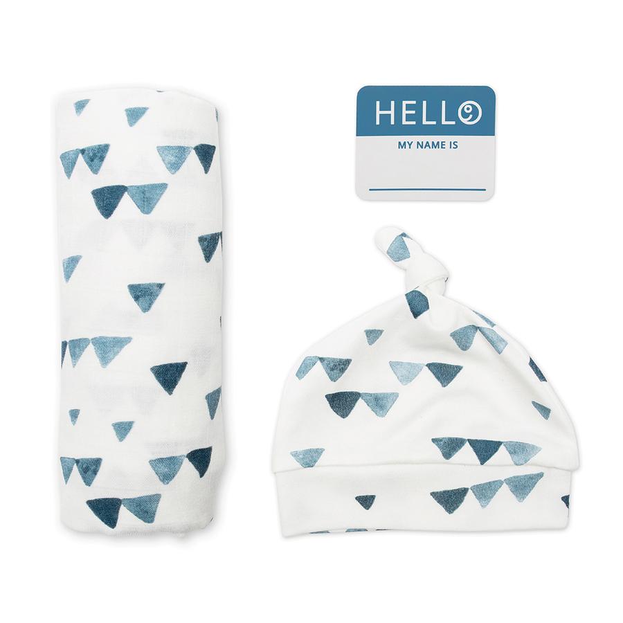 Hello World Blanket & Knotted Hat - Navy Triangles