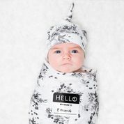 Load image into Gallery viewer, Hello World Blanket &amp; Knotted Hat - Black Floral
